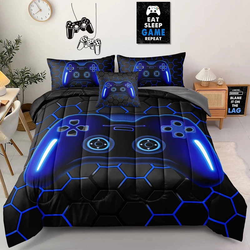 Z.Jian HOME 5 Pieces Gaming Bedding Set Twin Size for Boys Gamer Comforter Set for Boys Girls Kids Teens 5 Piece Bed in A Bag Video Game Bedding for Gamer Room Decorative Twin45