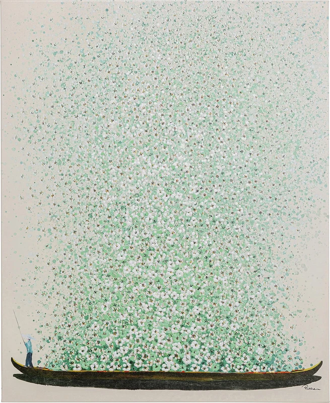 Kare Design Canvas Picture Flower Boat, Beige/Green, Canvas Wall Art, Acrylic Paint, Handpainted Details, Solid Wood Frame, Home Decor for Living Room, Hallway, Bedroom, 80x100 cm (HxW)