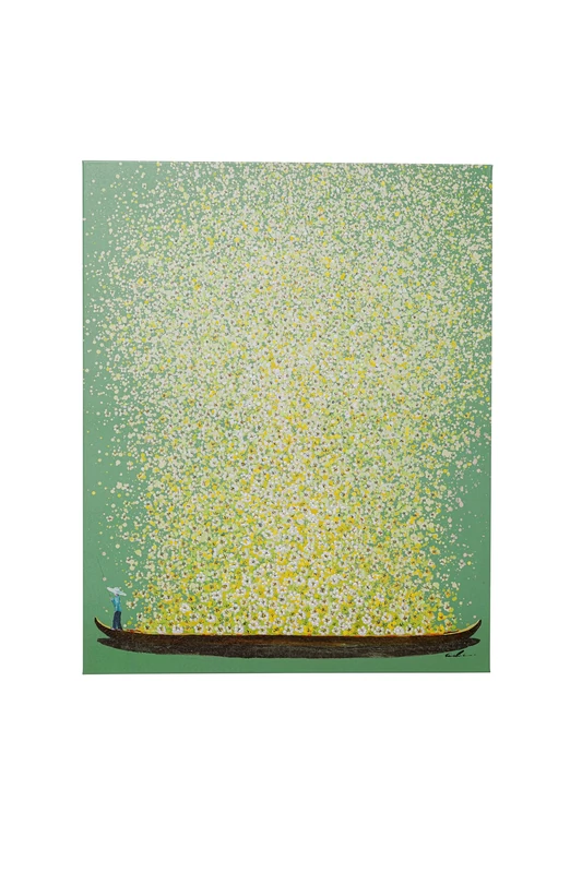 Kare Design Canvas Picture Flower Boat, Green/Yellow, Canvas Wall Art, Acrylic Paint, Handpainted Details, Solid Wood Frame, Home Decor for Living Room, Hallway, Bedroom, 80x100 cm (HxW)