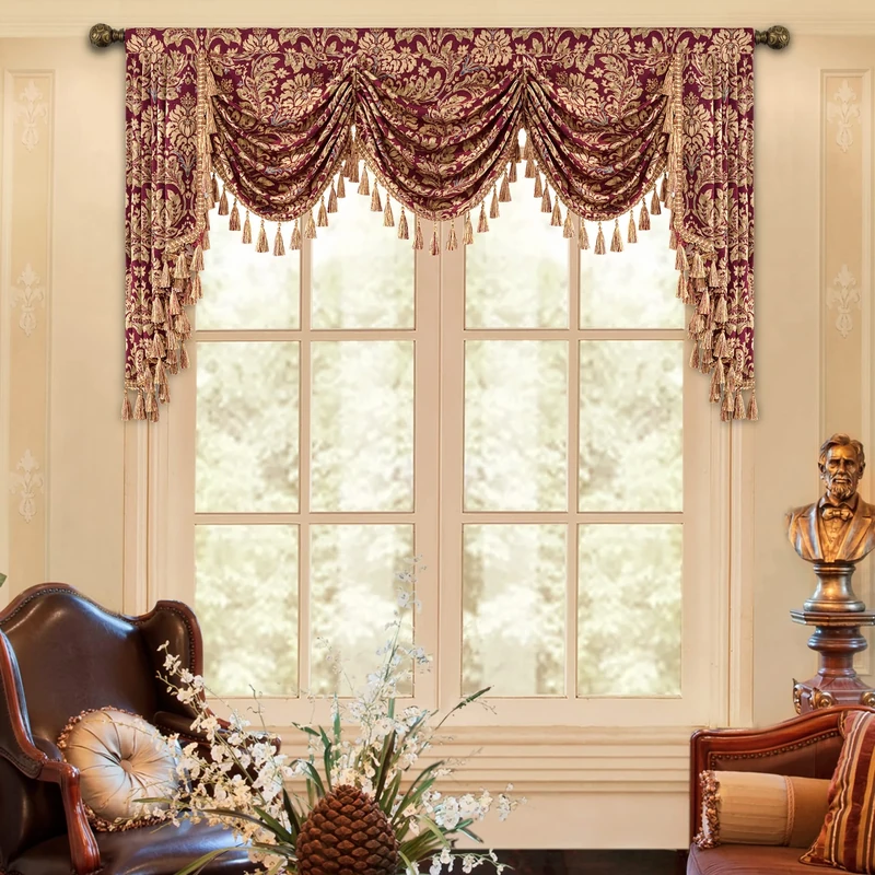 Loom and Mill Luxury Jacquard Waterfall Valance for Living Room, Classic Floral Damask Swag Valances with Tassels, Burgundy Red Swag Curtains for Bedroom Window Christmas Decoration(W79Inch,1 Panel)