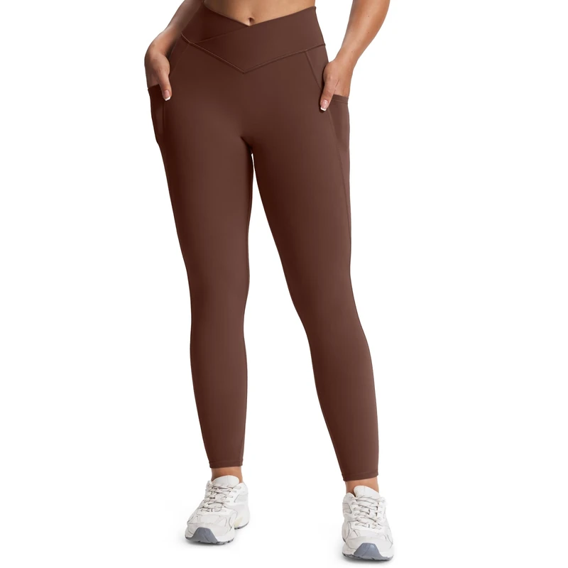 Aoxjox Trinity High Waisted Yoga Pants with Pockets for Women Tummy Control Cross-Waist Crossover Workout Leggings 27'', A Dark Brown (V-Waistband), XS