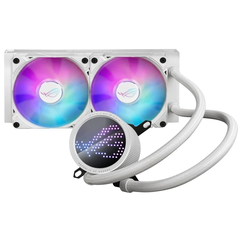 ASUS ROG Ryuo III 240 white edition all-in-one liquid CPU cooler with Asetek 8th gen pump solution, Anime Matrix LED Display and ROG ARGB cooling fans