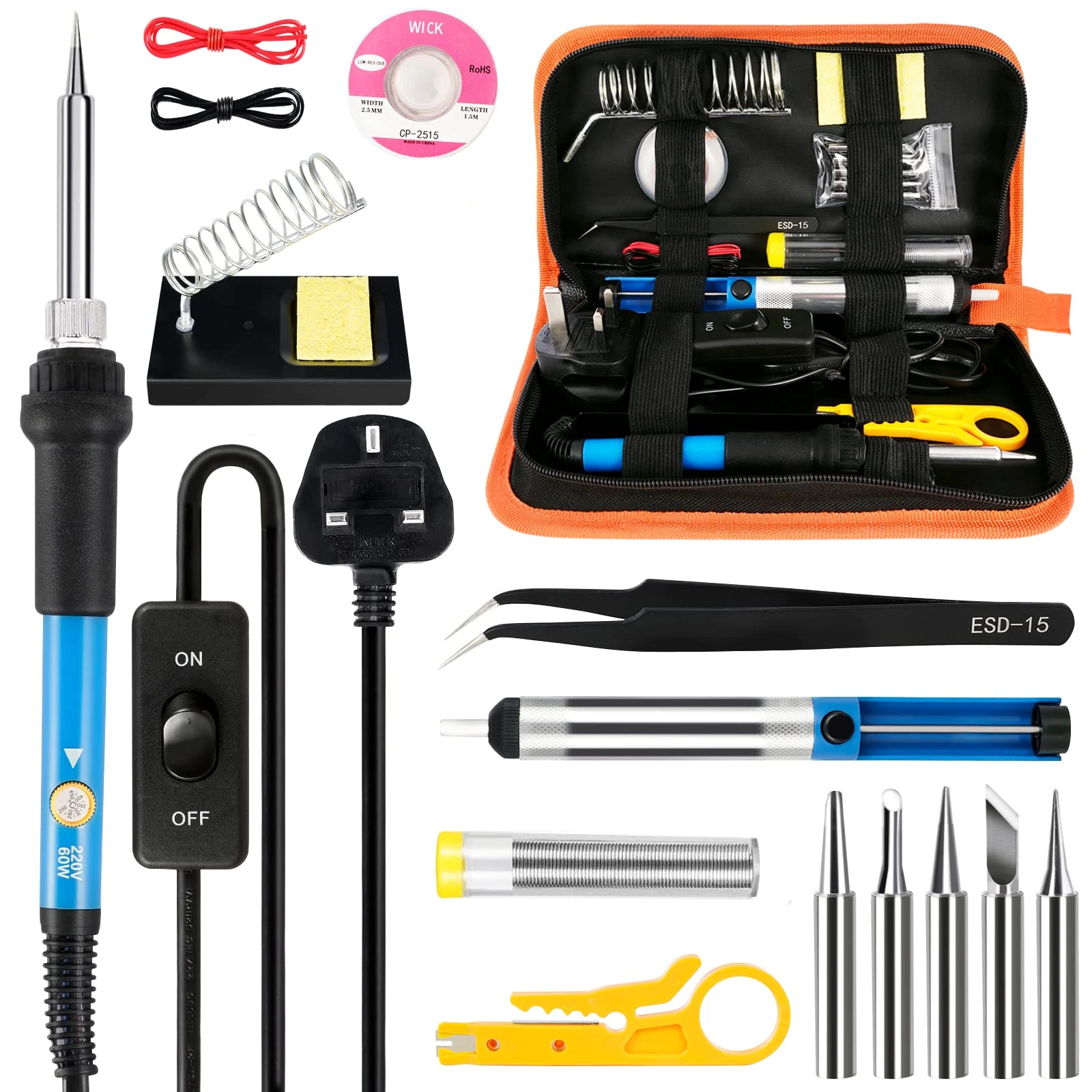 Soldering Iron Kit,60W Soldering-Iron Gun with Adjustable Temp 200-450°C and ON/Off Switch,5 Soldering Tips, Desoldering Pump,2 in 1 Wire Stripper Cutter, Soldering Iron Stand, Tool Case