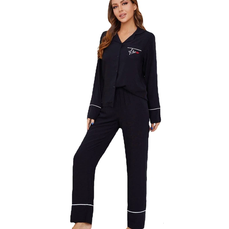 Women’s Pajama Set Cotton Pajama Sleepwear Nightgown Loungewear Pjs Ladies Nightwear T-shirt and Pants Soft Comfy,Black,S(55kg/165cm)