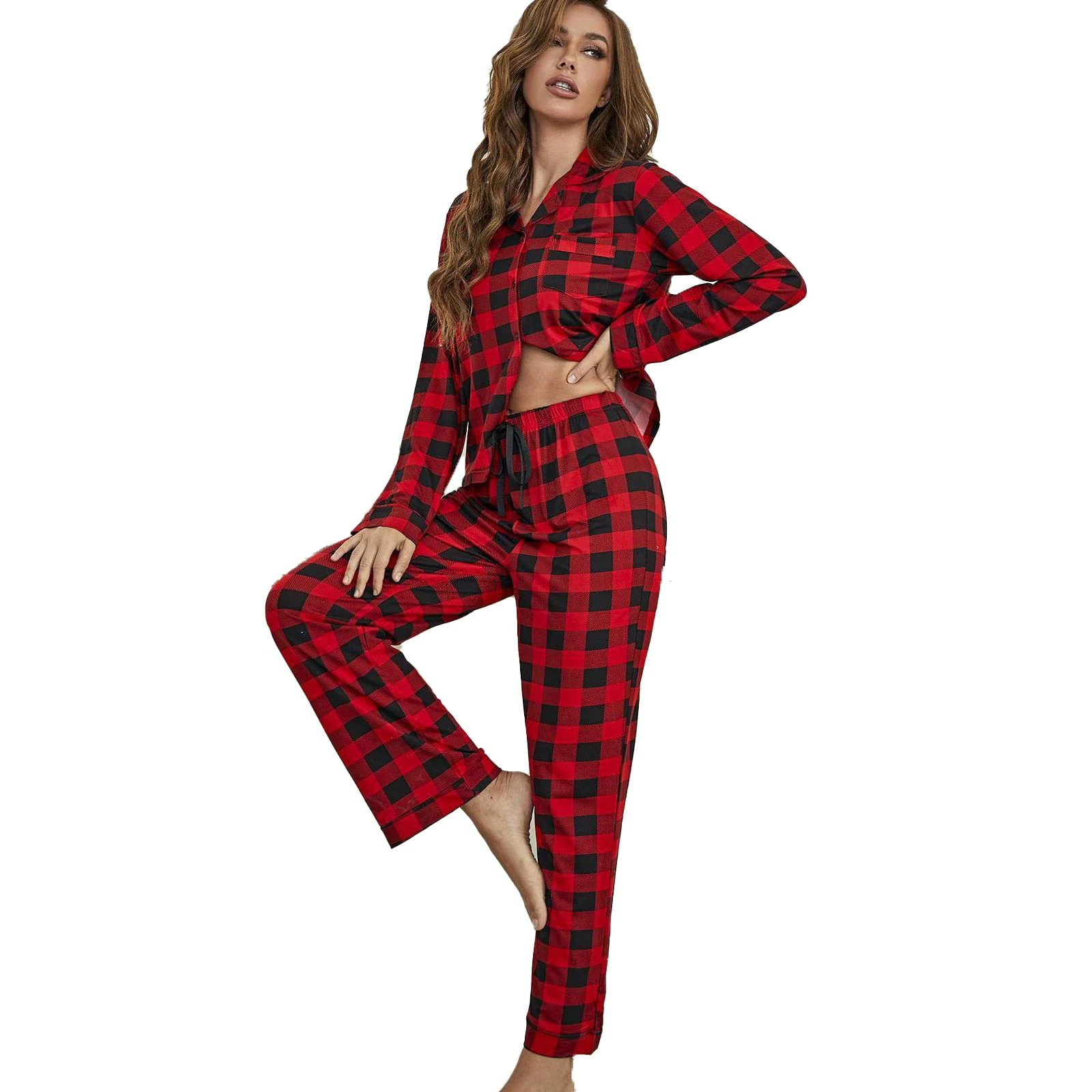 Grid Loungewear Women's Pajama Sets Long Sleeve Sleepwear Nightwear Soft Pjs Lounge Sets Ultra-Soft Comfy Two-piece,Red,L(70kg/175cm)