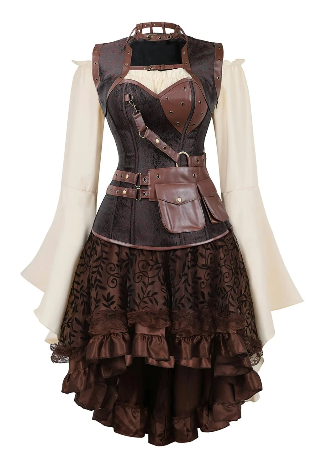 Grebrafan Retro Corset Skirt with Blouse Steampunk Leather Corsets Costume (UK(20-22) 5XL, Brown)
