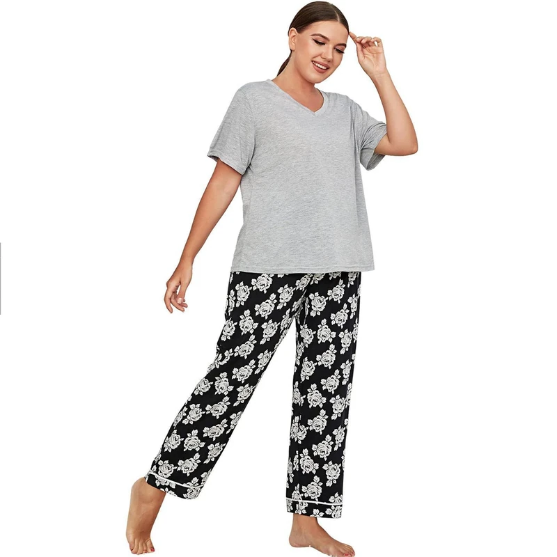 Pajamas Set Loungewear Printing Pjs Cotton Ultra-Soft Women’s Pajama Set Nightgown Comfy Two-piece Plus Size,Black/Gray,XL(60KG)