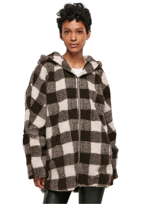 Urban Classics Women's Ladies Hooded Oversized Check Sherpa Jacket, Pink/Brown, S