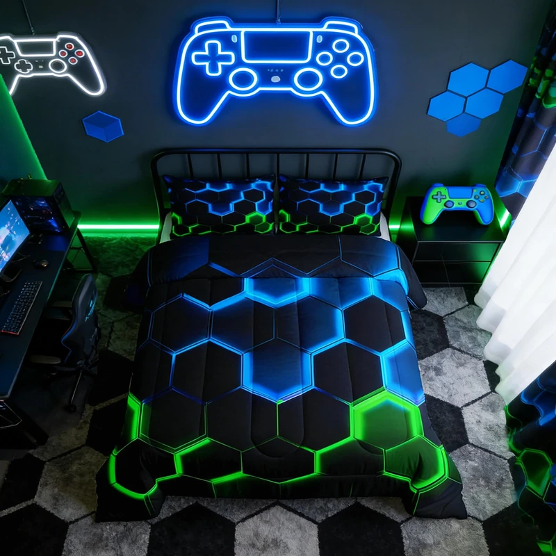 Castle Fairy Honeycomb Bedding Comforter Set Queen Size,Hexagon Theme with Green Blue Neon Lights Quilt Set,Boys Teen Man Chic Creative Home Bedding Set 3pcs Duvet Insert with 2 Pillowcases,Black
