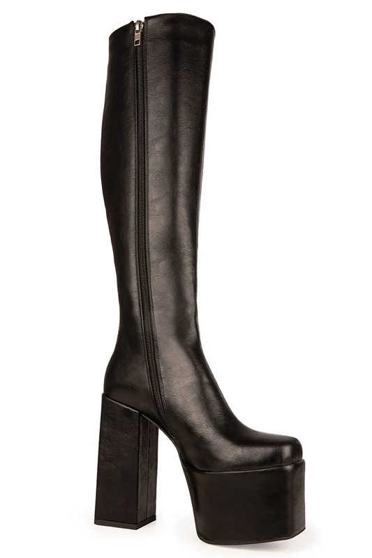 LAMODA - Obsession Wide Fit Platform Knee High Boots, UK 8, Black Pu, 4 UK