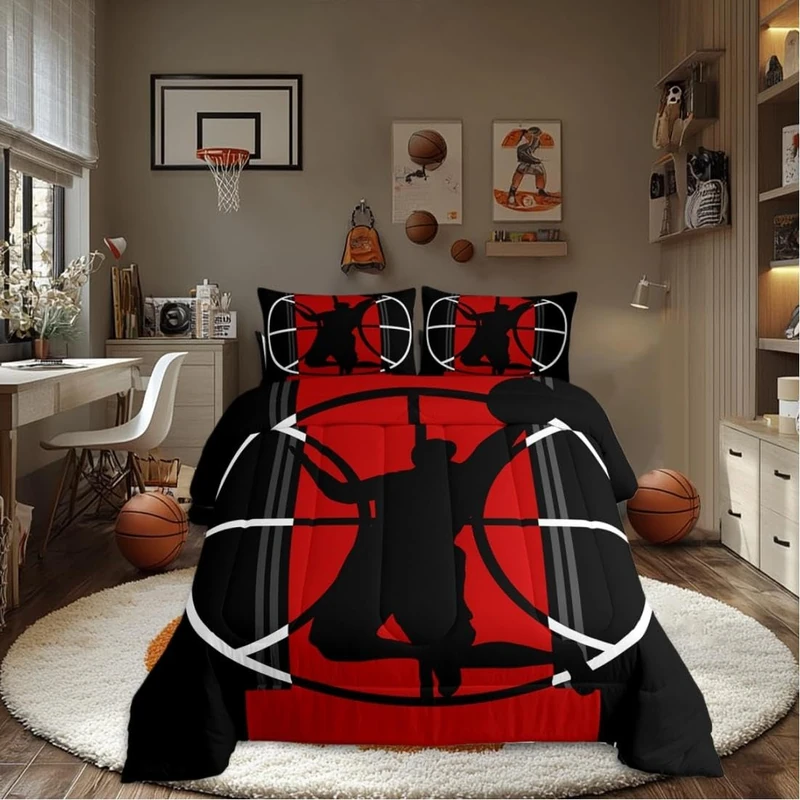 Boys Basketball King Size Comforter Set,Kids Basketball Players Pattern Decor All Season Bedding Set,Teens Sports Theme Comforter,Girls Young Man Black and Red Decor Quilt Set Bedroom Collection 3Pcs