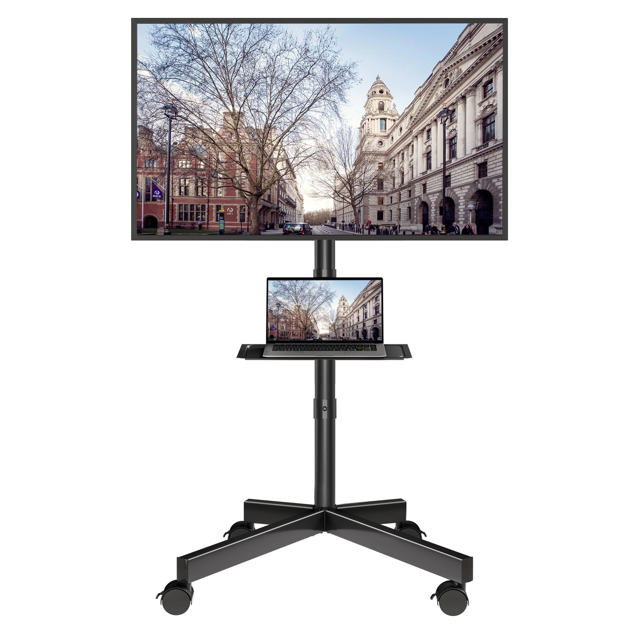 BONTEC Mobile TV Stand on Wheels, Rolling TV Cart with Media Shelf, TV Mount Stand with Tilt, 2-Level Height Adjustable Low-Profile Design for 23–60in LED/LCD/OLED TVs, Holds 25kg, Max VESA 400x400mm