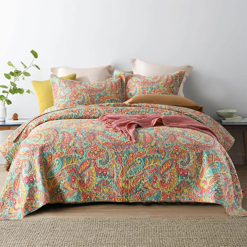 ENASAL Cotton Bedspread Quilt Sets, Reversible Bedding Coverlet Sets Comforter, Floral Paisley Bedspread (Gorgeous, Queen Size)