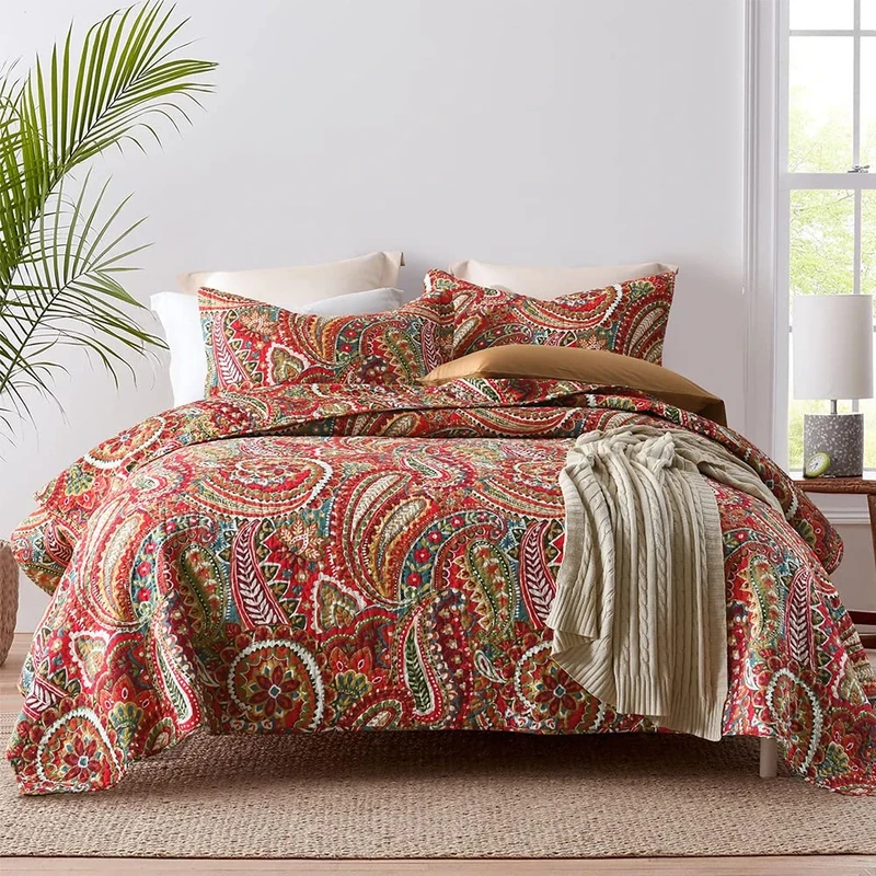 ENASAL Cotton Bedspread Quilt Sets Reversible Bedding Coverlet Sets Comforter, Floral Paisley Bedspread (Red, Queen Size)