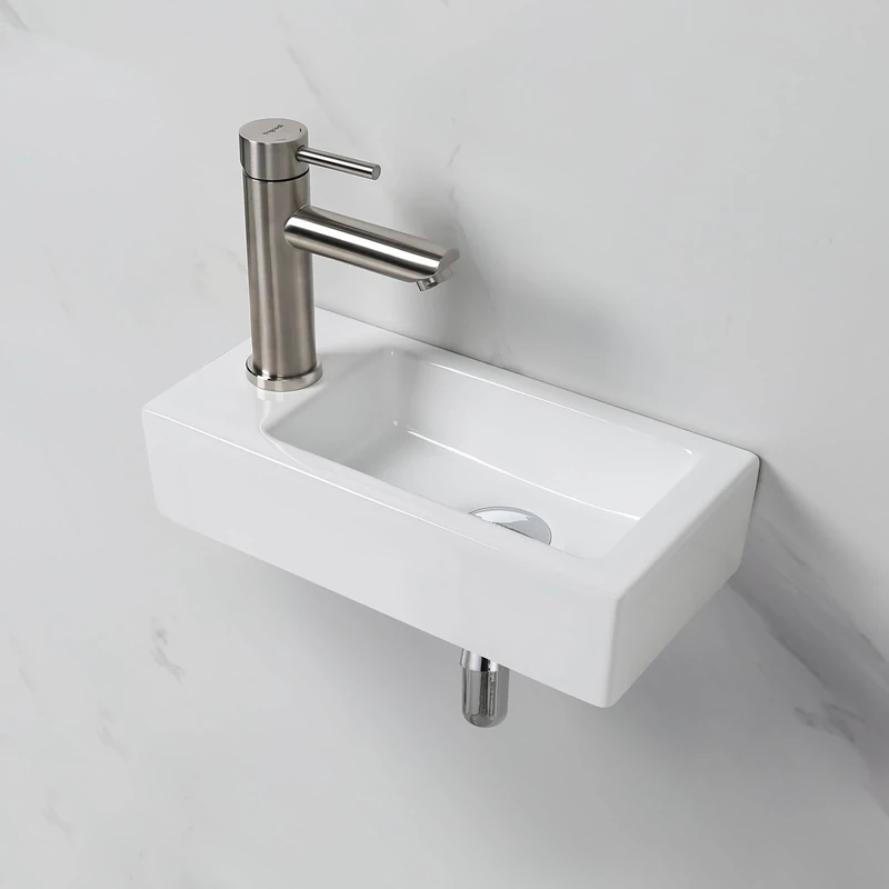 Ibergrif M41102-L Basin Sink Small Cloakroom Wash Basin, Rectangle Ceramic Vessel Sink, Wall Mounted, Left Hand 376 x 188 x 93mm