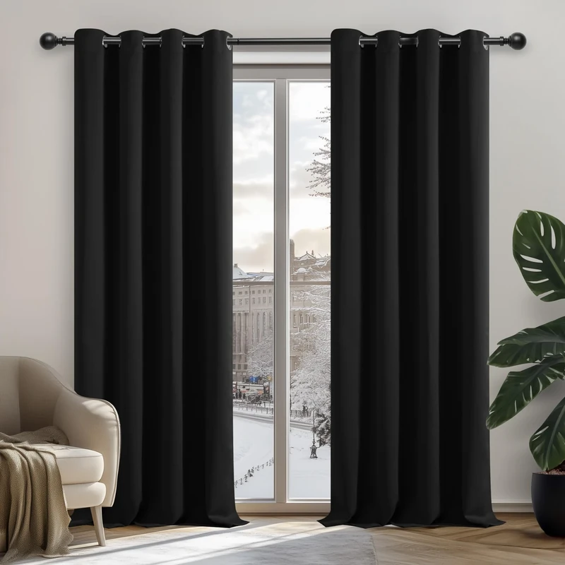 Deconovo Blackout Curtains Eyelet, Energy Saving Thermal Insulated Window Panels, Noise Reduction Bedroom Curtains for Living Room, 55 x 118 Inch, Black, 2 Panels