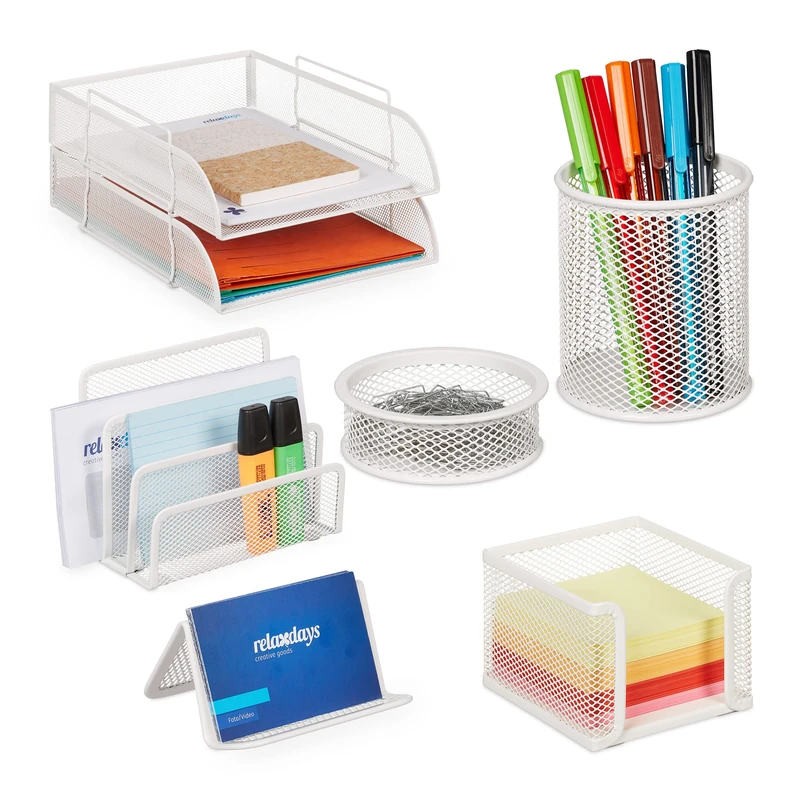 Relaxdays Desk Organiser Set, 7 Pieces, Filing Trays, Note Box, Letter, Paperclip & Pen Holder, Metal, White