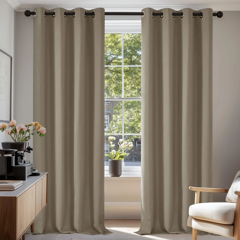 Deconovo Thermal Insulated Blackout Curtains, Anti-Cold, Modern Design with Eyelets, Curtains for Boy's Bedroom, 140 x 300 cm (Width x Height), Taupe, 2 Pieces