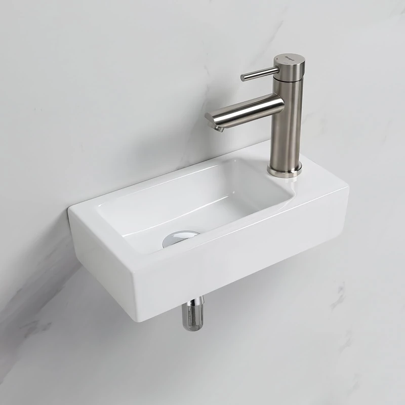 Ibergrif M41102-R Bathroom Small Sink Cloakroom Wash Basin, Rectangle Countertop Basin, Wall Mounted, Right Hand 376 x 188 x 93mm