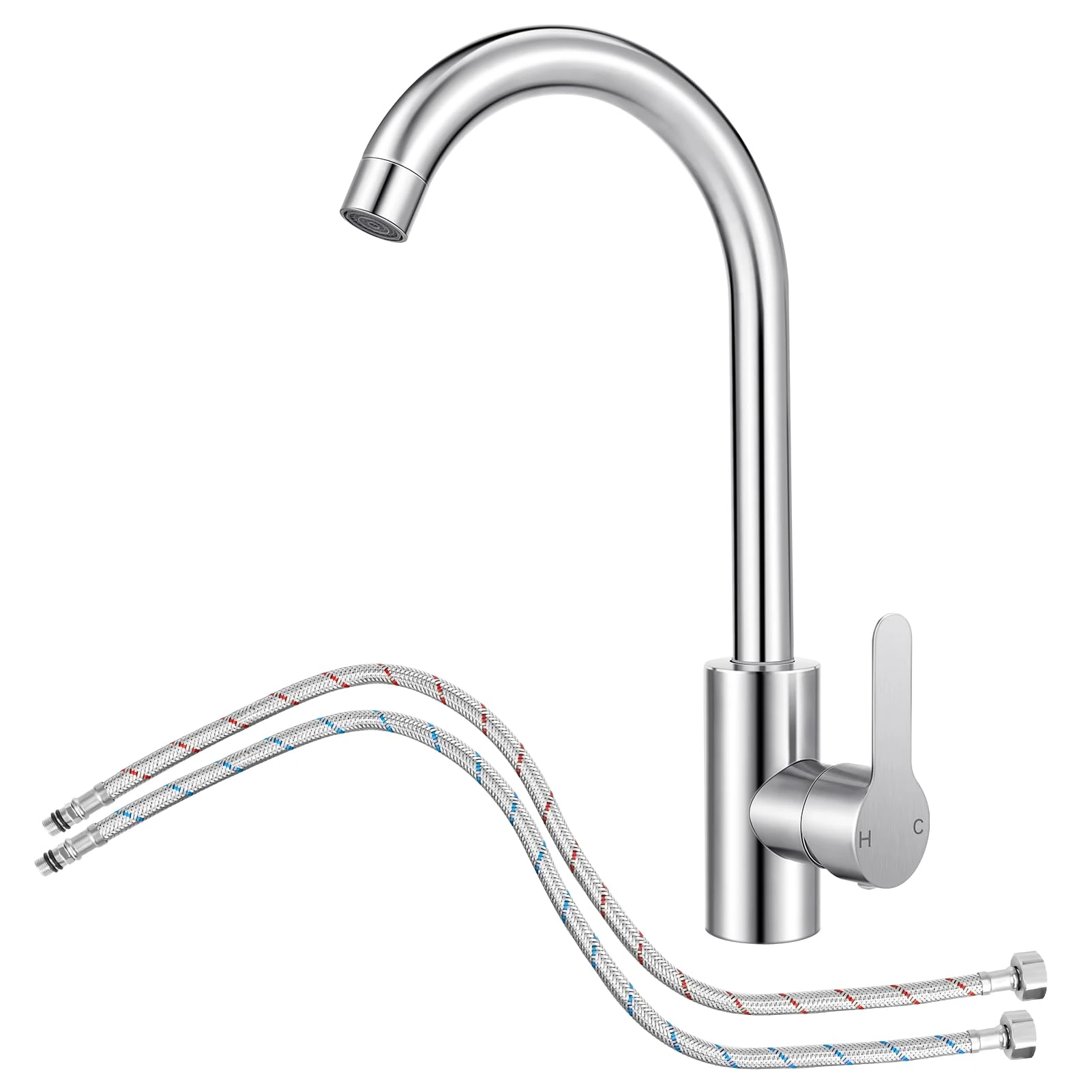 Kitchen Sink Mixer Tap with Hoses - Stainless Steel 360° Monobloc Single Lever Swivel Spout,High Arc Mono Basin Faucet,with 1/2'' Female for UK Standard Fittings (Modern)