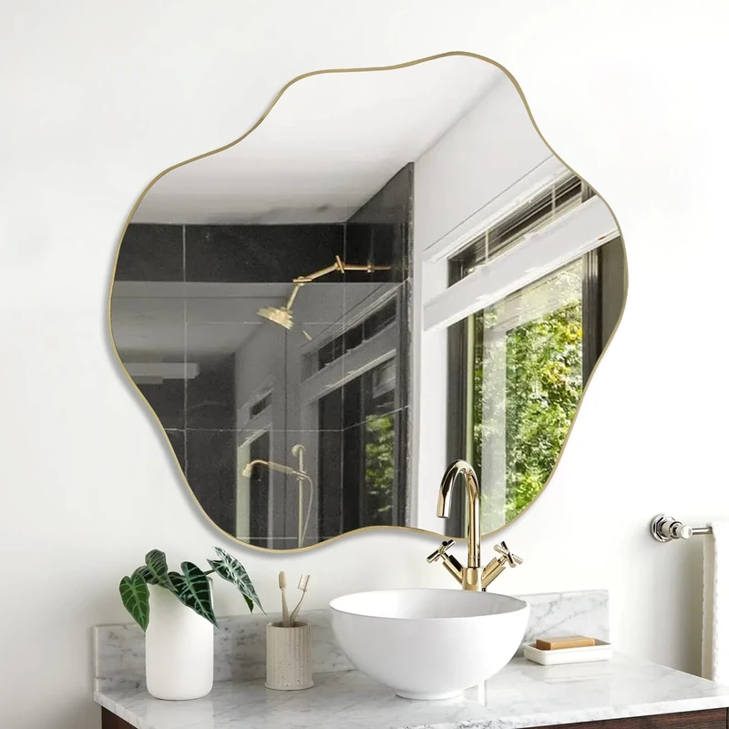 DAOYIJIAJU Gold Cloud Shaped Mirror, Asymmetrical Wall Mirror, Unique Irregular Shaped Mirror, Morden Wavy Frameless Mirror for Living Room Bathroom Bedroom Entryway, 30"x26.8"