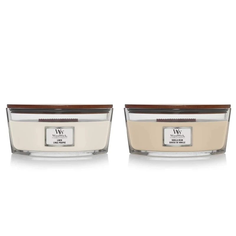 Woodwick Ellipse Scented Candle with Crackling Wick, Linen, Up to 50 Hours Burn Time Glass, White & Ellipse Scented Candle with Crackling Wick | Vanilla Bean | Up to 50 Hours Burn Time