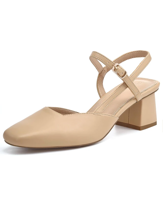 Rilista Women's Slingback Chunky Low Heels Closed Square Toe Heel Wedding Party Dress Pumps Shoes, Khaki, 6 UK