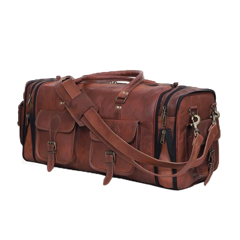 Handmade Vintage Travel Luggage 32 Inch Duffel Gym Sports Bag Weekender Travel Overnight Carry One Duffel Bag for Men, Brown, 20 inch, Retro Adjustable