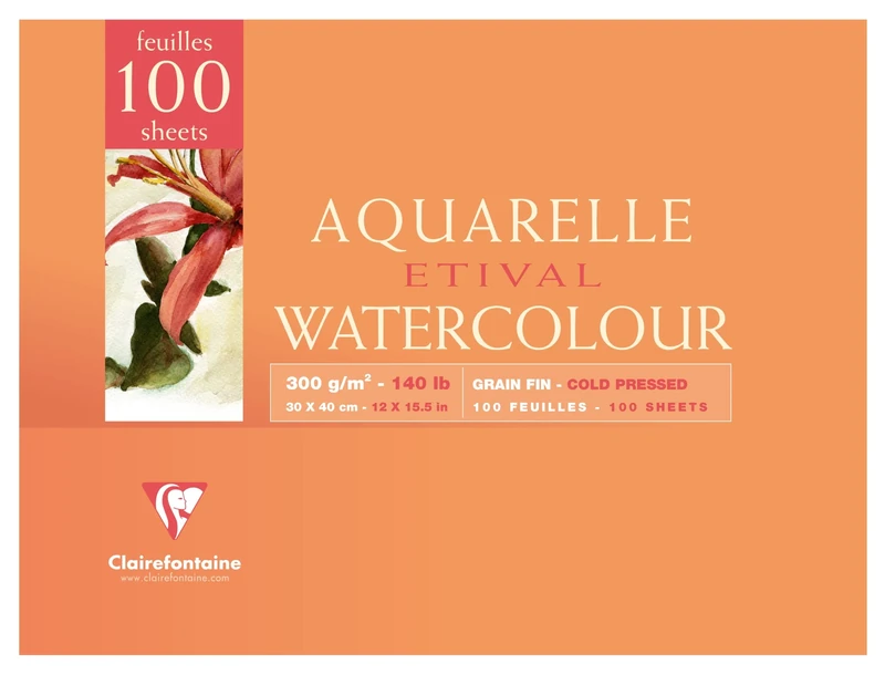 Clairefontaine 96788C - Etival 2 Sides Glued Pad - 100 Sheets White Watercolor Paper 100% Cellulose Fine Grain Study Quality 30x40 cm 300g