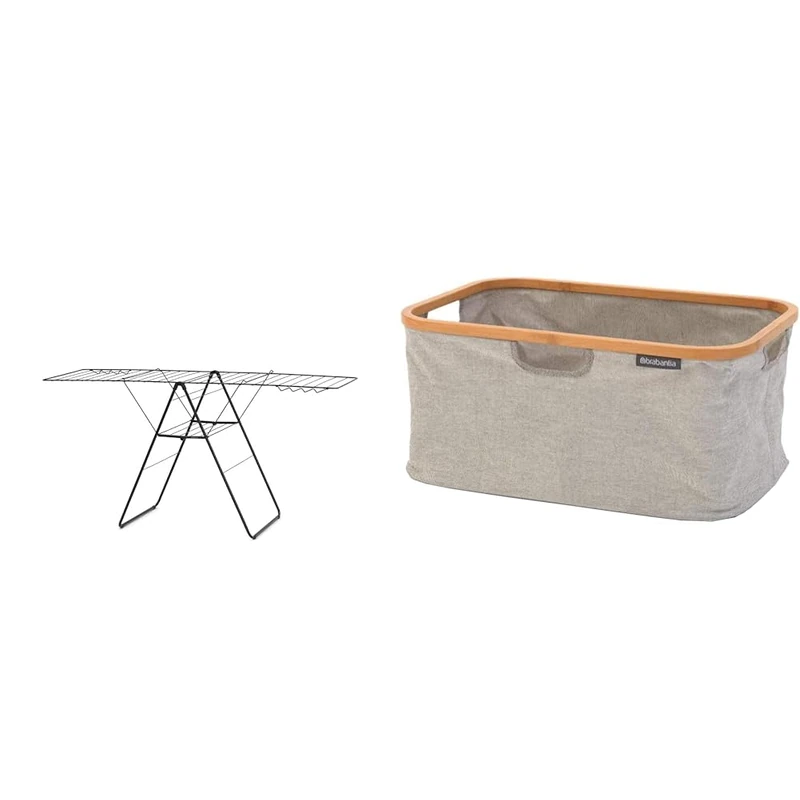Brabantia HangOn Laundry Drying Rack (25m / Matt Black) Compact, Foldaway, Adjustable Indoor Stainless Steel Clothes Horse & 118180 Laundry Basket with Bamboo Top, Grey, 40 L