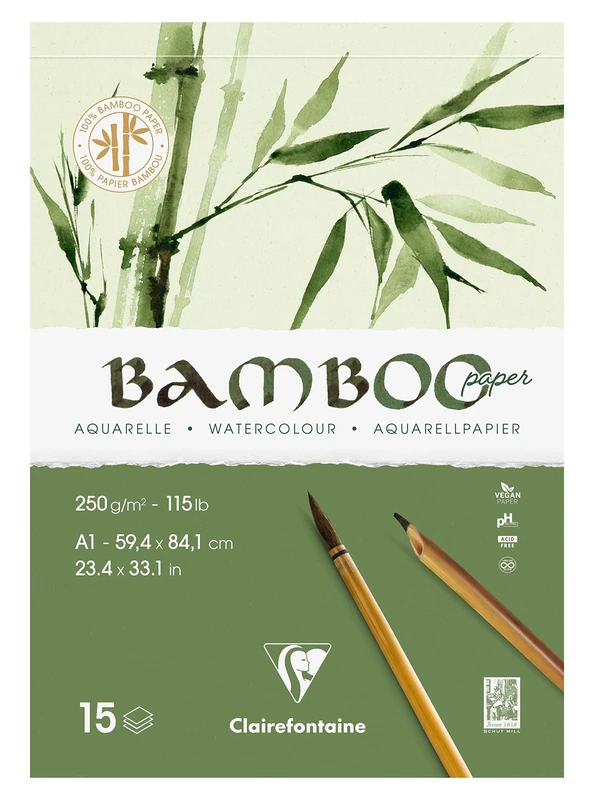 Clairefontaine 975922C - Bamboo Single-Sided Pad - 15 Sheets 100% Bamboo Watercolour Paper, Natural White, Vegan - Finely Marked Grain , A1, 59.4x84.1 cm, 250g