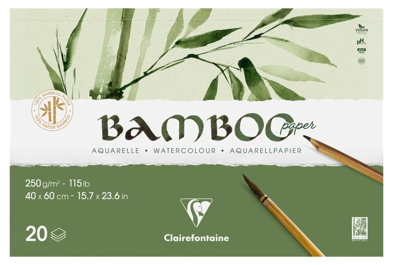 Clairefontaine 975917C - Bamboo 2 Sides Glued Pad - 20 Sheets 100% Natural White Watercolor Bamboo Paper 100% Vegan - Finely Marked Grain Professional Quality 60x40 cm 250g