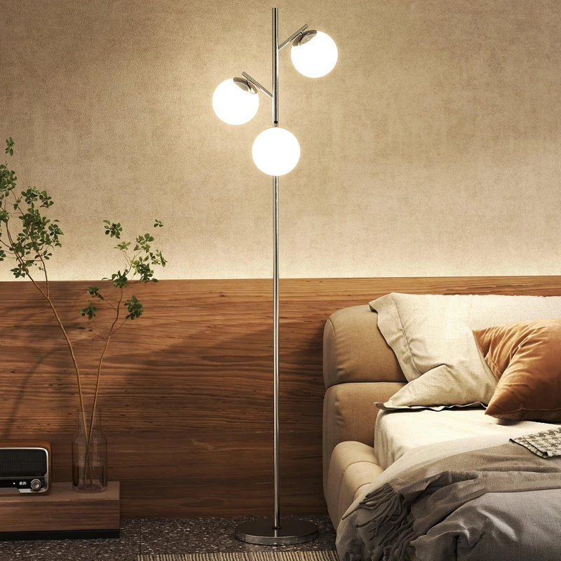 HOMCOM 3-Light Tree Floor Lamps for Living Room, Modern Standing Lamp for Bedroom with Globe Lampshade, Steel Base, Bulb not Included, Silver Tone