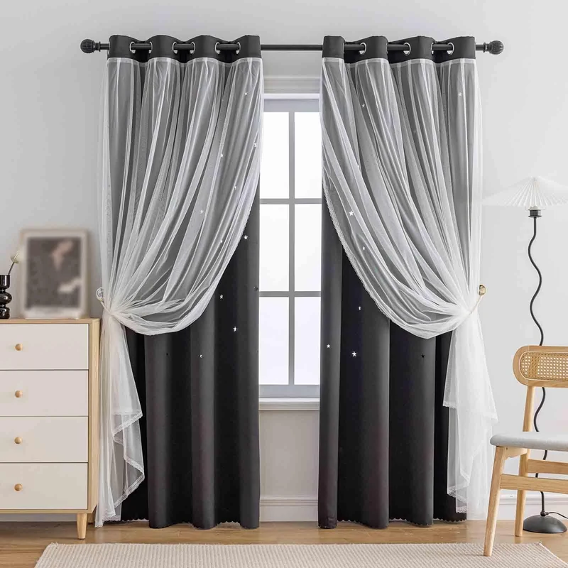 Anytime Romantic Kids Curtain,Hollow-Out Stars Window Curtain Double Layer Blackout Curtains for Girls Bedroom Kids Room 2Panel,(W52 x L95,Black)