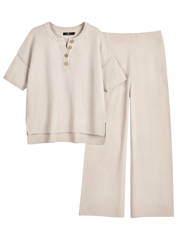 LILLUSORY Womens Trendy 2 Piece Lounge Sets Cozy Knit Sweater Short Sleeve Slouchy Loungewear Set, Apricot, Small