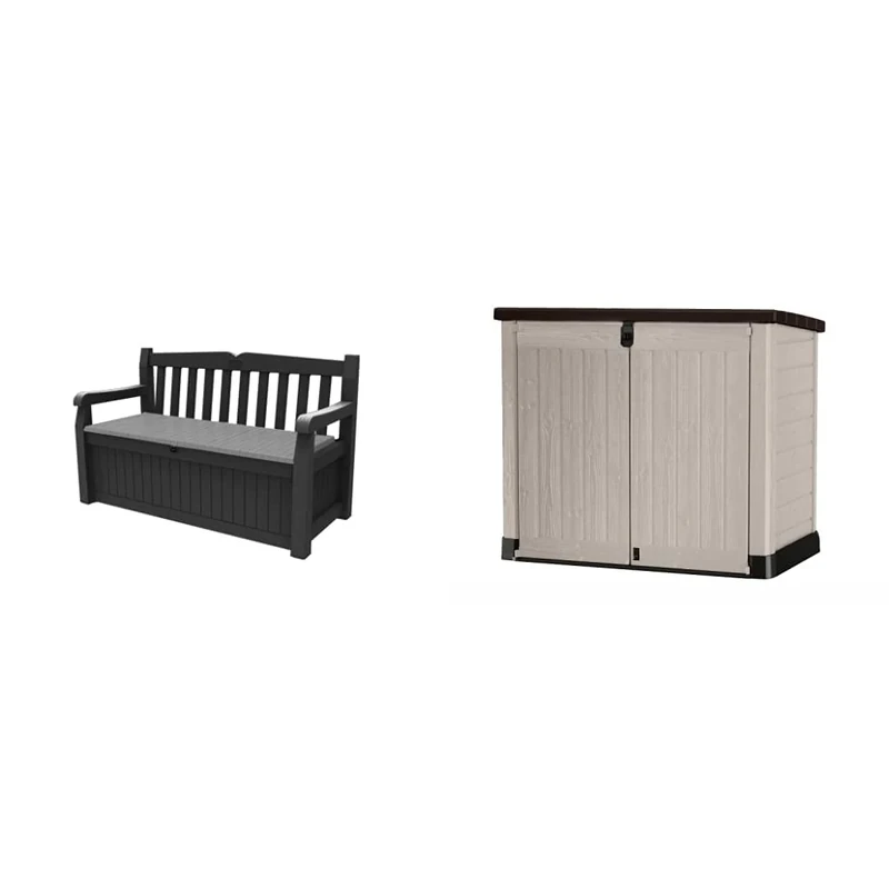 Keter Eden Bench 265L Outdoor Garden Storage Box Garden Furniture - Graphite and Grey & Store It Out Pro Outdoor Storage Shed, 145.5 x 82 x 123cm Beige/Brown