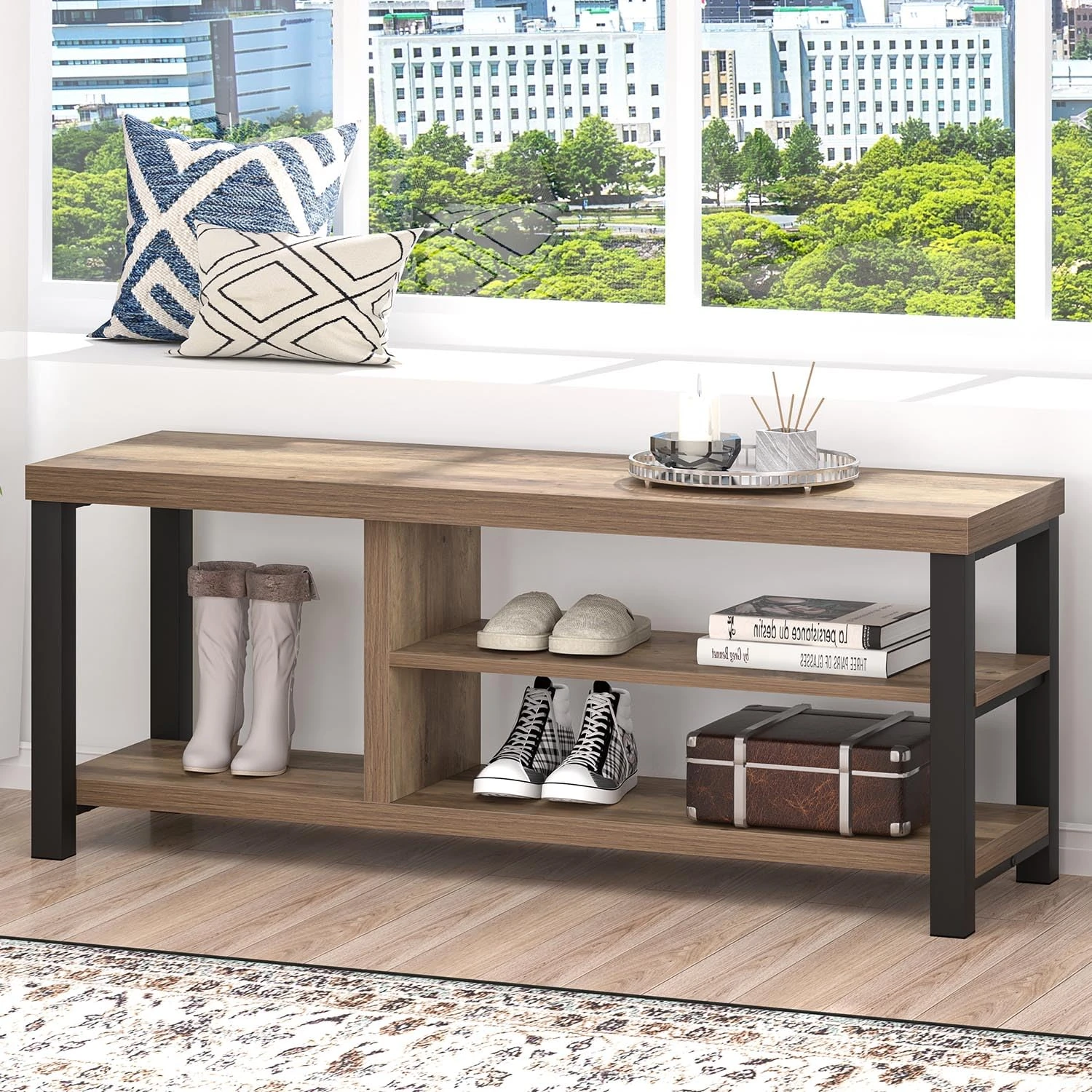 FOLUBAN Industrial Entryway Bench, Rustic Wood and Metal Shoe Storage Bench Seat for Living Room, Oak