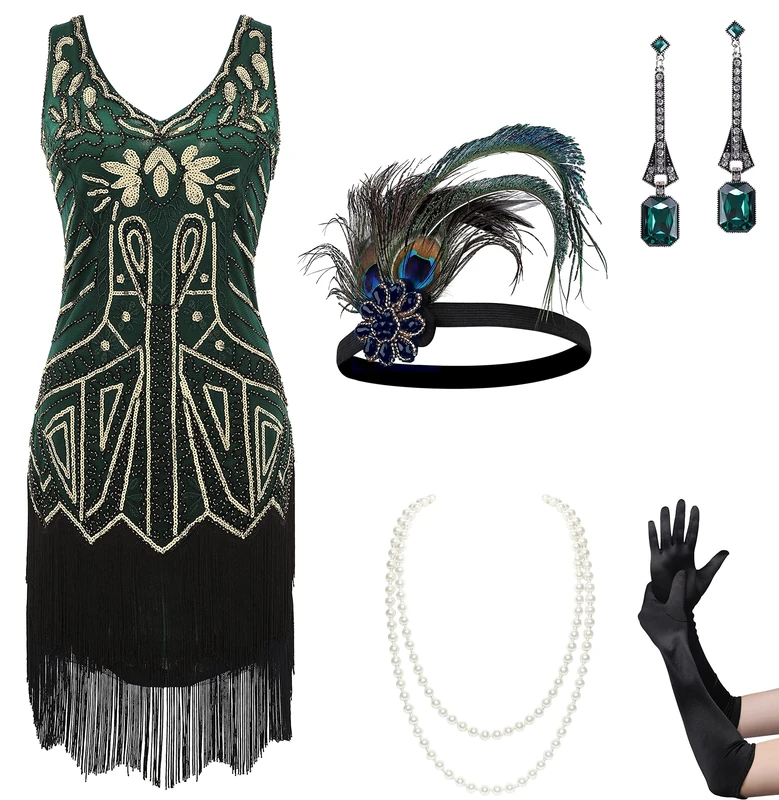 BABEYOND Women's Flapper Dress 1920s V Neck Beaded Fringed Great Gatsby Dress With Accessories Set - Gold Darkgreen