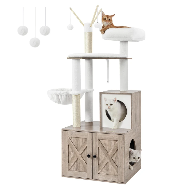 Feandrea 2-in-1 Modern Cat Tower, Cat Condo with Scratching Posts, Removable Pompom Sticks, Washable Cushions, Greige PCT113G01