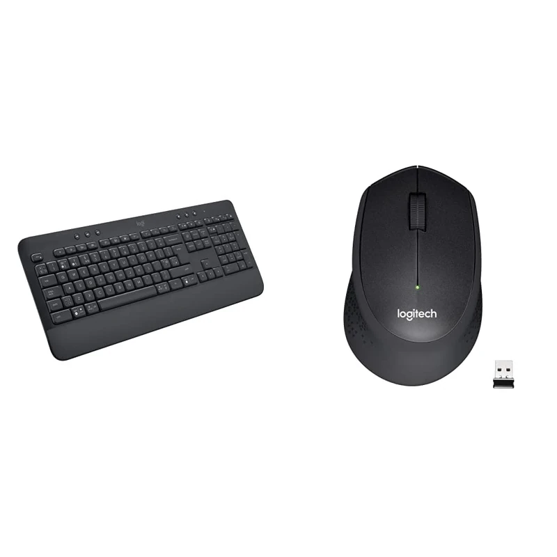 Logitech Signature K650 Wireless Keyboard with Wrist Rest, Full-Size, BLE Bluetooth or Logi Bolt USB, Grey & M330 SILENT PLUS Wireless Mouse, 2.4GHz with USB Nano Receiver, Black