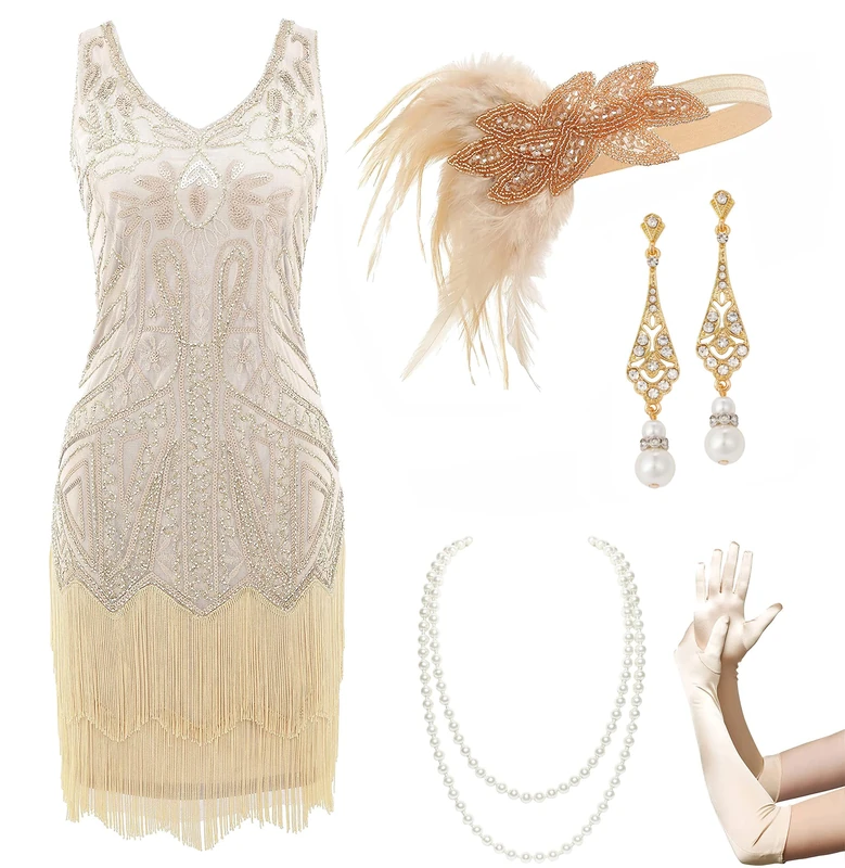 BABEYOND Women's Flapper Dresses 1920s V Neck Beaded Fringed Great Gatsby Dress, Set - Beige, Small