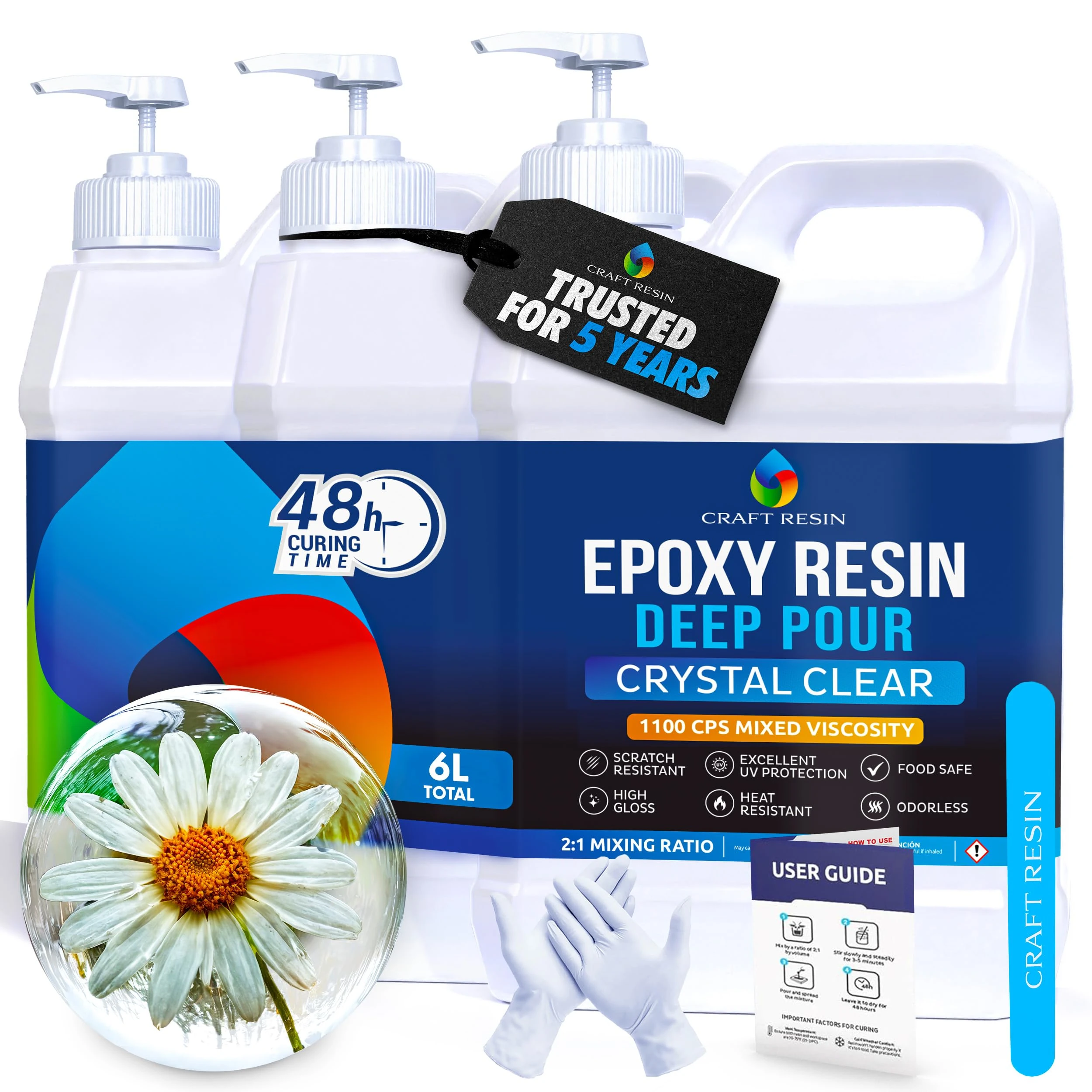 CRAFT RESIN 6L Crystal Clear Deep Pour Epoxy Resin Kit with Pumps - Food Safe & UV Resistant Best for DIY, Art, River Table, Wood, Flower, Mould Casting Resin Epoxy Kit - for Beginners & Pros