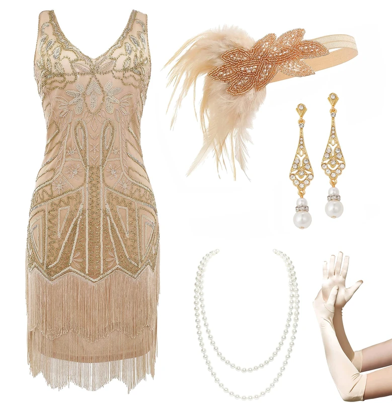 BABEYOND Women's Flapper Dresses 1920s V Neck Beaded Fringed Great Gatsby Dress, Set - Champagne Gold, X-Large