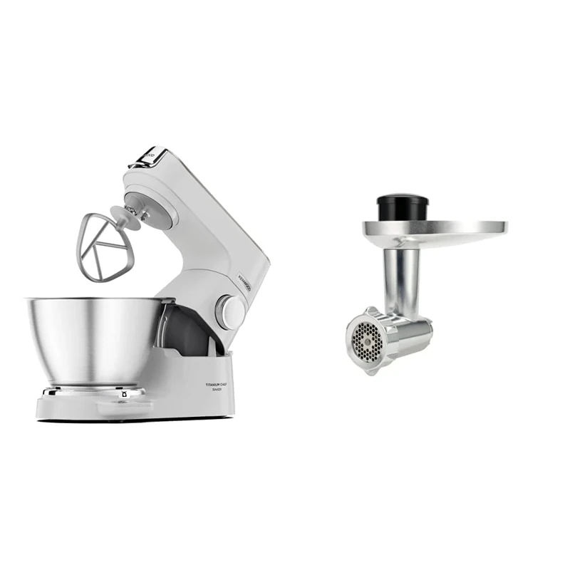 Kenwood Titanium Chef Baker XL, Kitchen Machine with K-Whisk, Stand Mixer with Kneading Hook, Whisk and 5L Bowl, KVC65.001WH, Power 1400W, White & KAX950ME Food Mincer Attachment