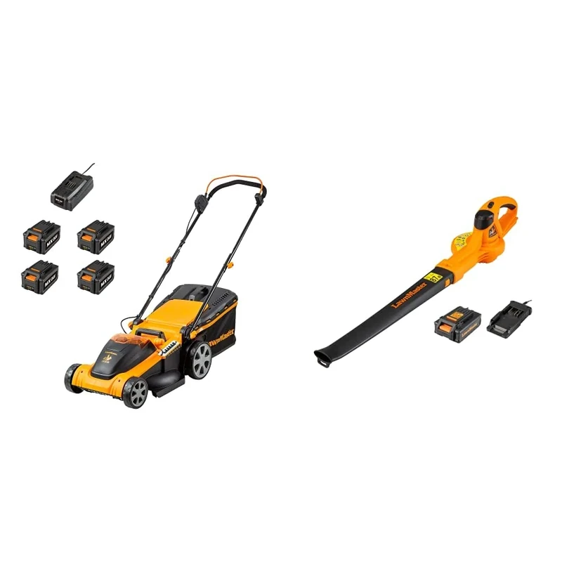 LawnMaster 48V 41cm Cordless Lawnmower with Spare MX 24V 4.0 Ah Batteries and 2x Fast Chargers & 24V Cordless Leaf Blower with Battery - Lightweight Battery Powered Garden Blower