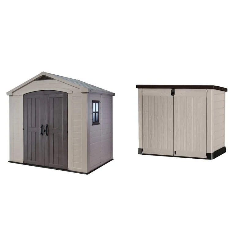 Keter Factor 8 x 6 ft Outdoor Storage Shed, Beige/Brown & Store It Out Pro Outdoor Storage Shed, 145.5 x 82 x 123cm Beige/Brown