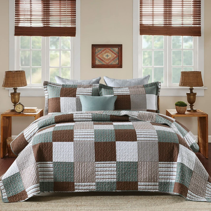 PANGUSHAN 100% Cotton Quilt Set Queen Size, Patchwork Plaid Queen Quilt Bedding Set Bedspreads, Farmhouse Lightweight Comforter Reversible Quilt, Brown/Green Bed Spread for Queen Bed, 3 Pieces