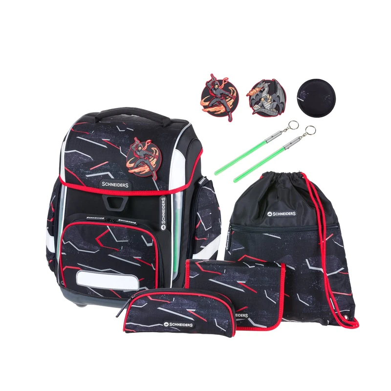 Schneiders Ergolite Dragon Hero 78395-080 9-Piece Set with School, Pencil Case, Sports Bag, 3 Velcro Motifs and 2 Glow Sticks, Black, 20 x 30 x 40 cm