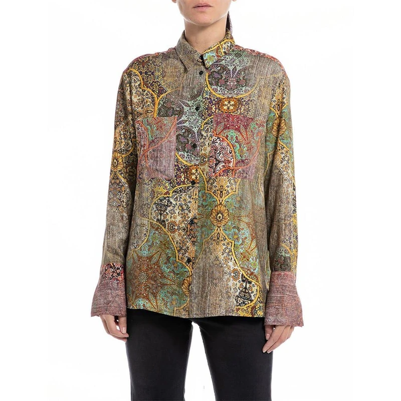REPLAY Women's W2121 Jacquard Viscose Satin Blouse, 010 Multicoloured, XXS