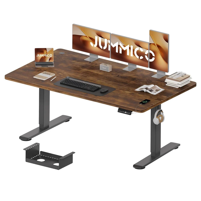 JUMMICO 160 x 80 cm Electric Standing Desk with USB Charging, Sedentary Reminder Height Adjustable Standing Desk, Sit Stand Desk, Adjustable Desk Stand Up Desk for Home Office, Rustic Brown & Black